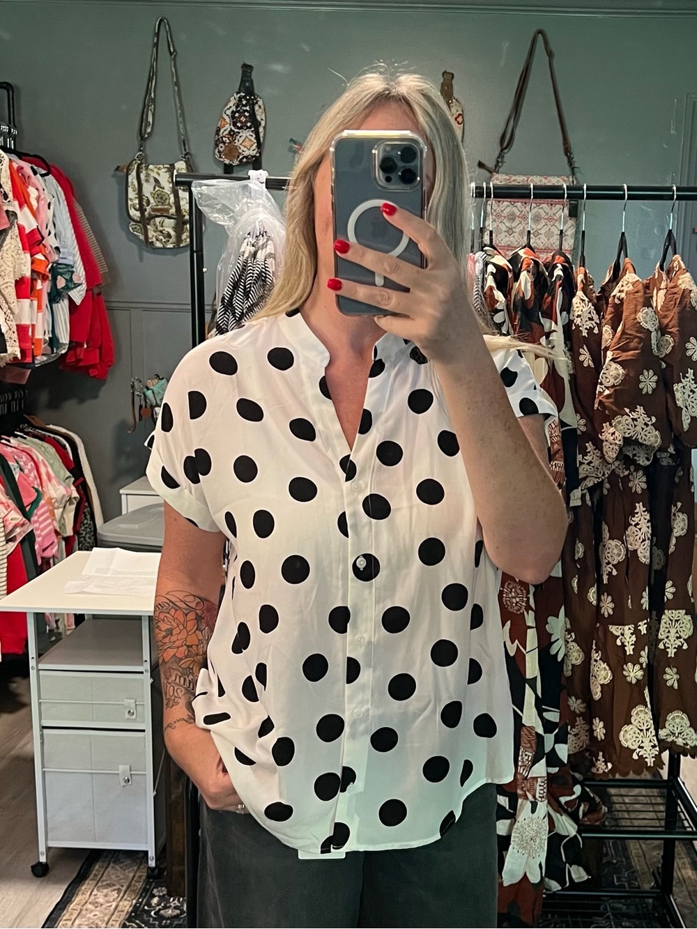 Polka Dot Short-Sleeve Button Front Top - White/Black